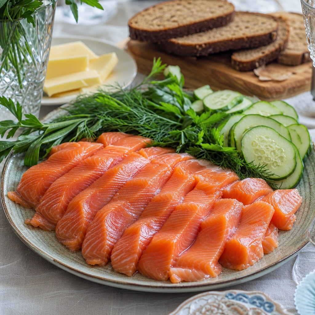 Слабосолёная форель с огурцом, зеленью и ржаным хлебом на тарелке