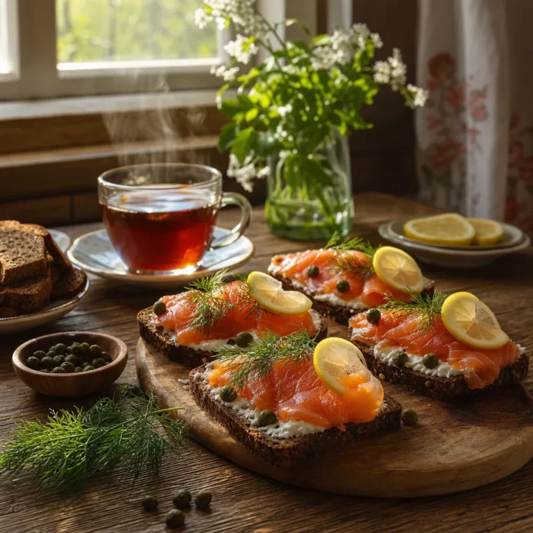 Завтрак с форелью на ржаном хлебе, сливочным сыром, зеленью и лимоном