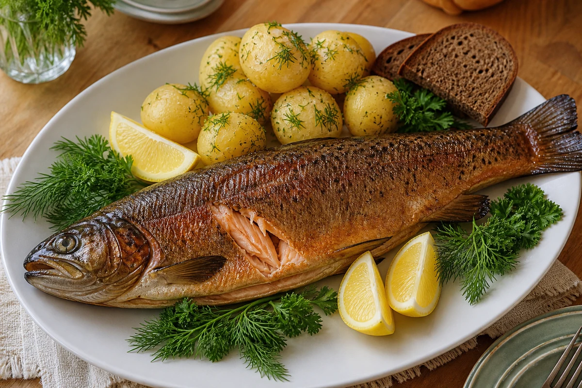 Целая форель горячего копчения с картофелем, лимоном и зеленью