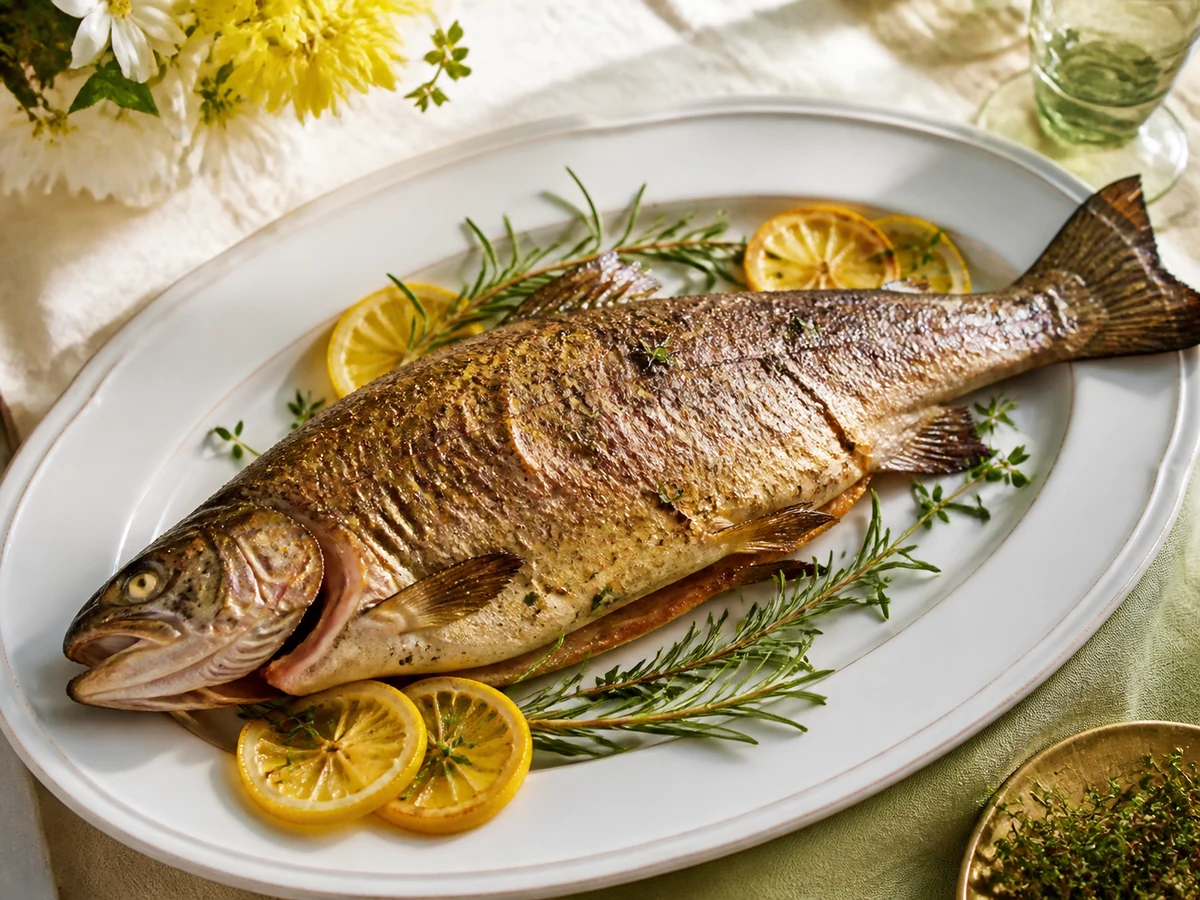 Целая запечённая радужная форель с лимоном и травами