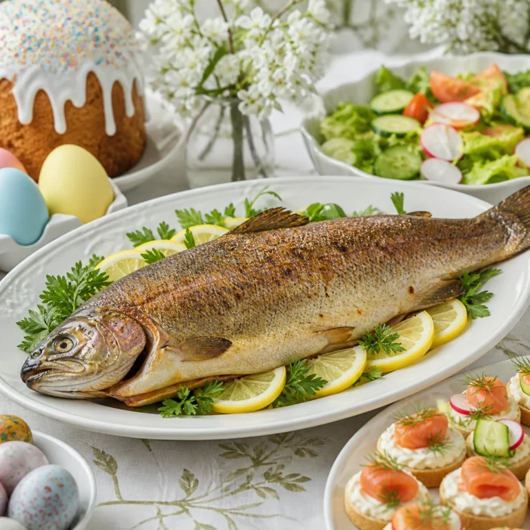 Пасхальный стол с целой запечённой радужной форелью, закусками и салатом