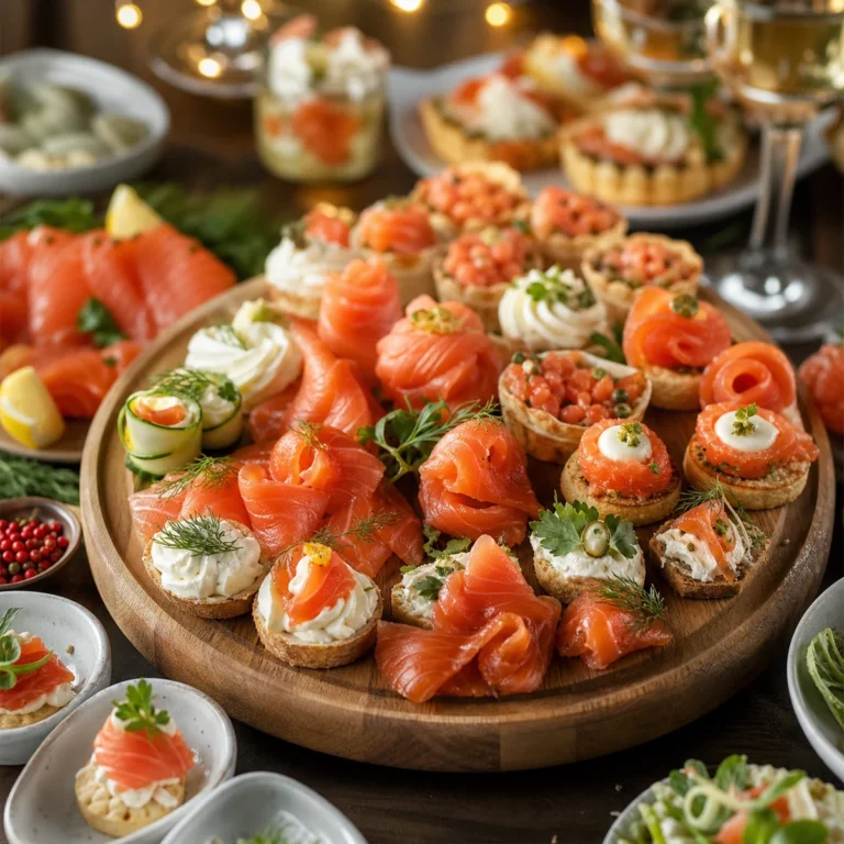 Праздничное ассорти закусок со слабосолёной радужной форелью