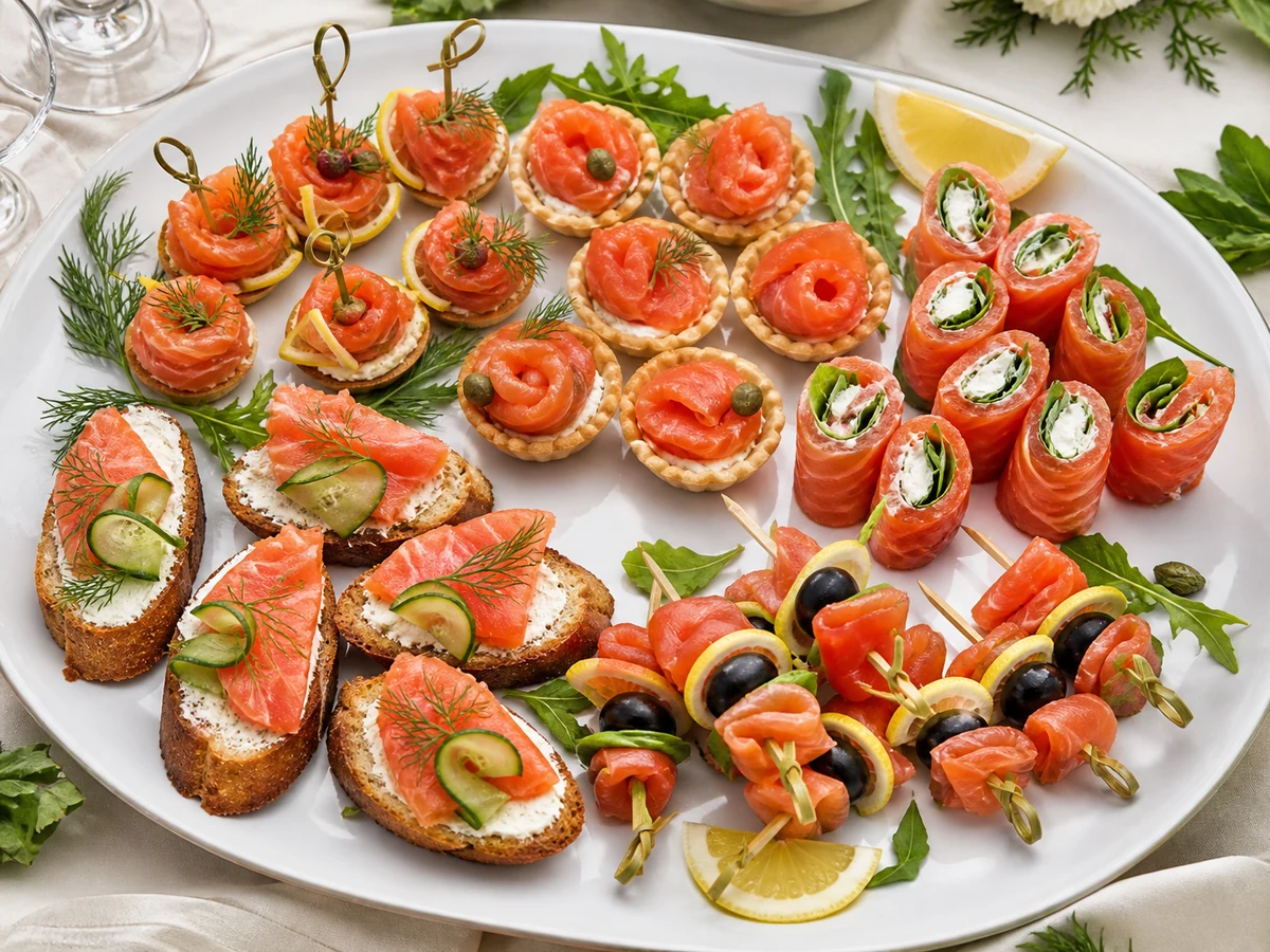 Праздничное блюдо с разными фуршетными закусками из форели