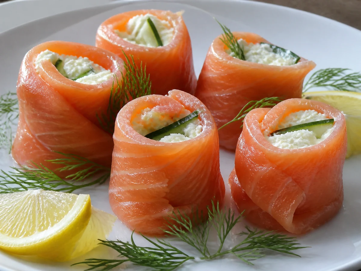 Рулетики из слабосолёной форели с творожным сыром и огурцом