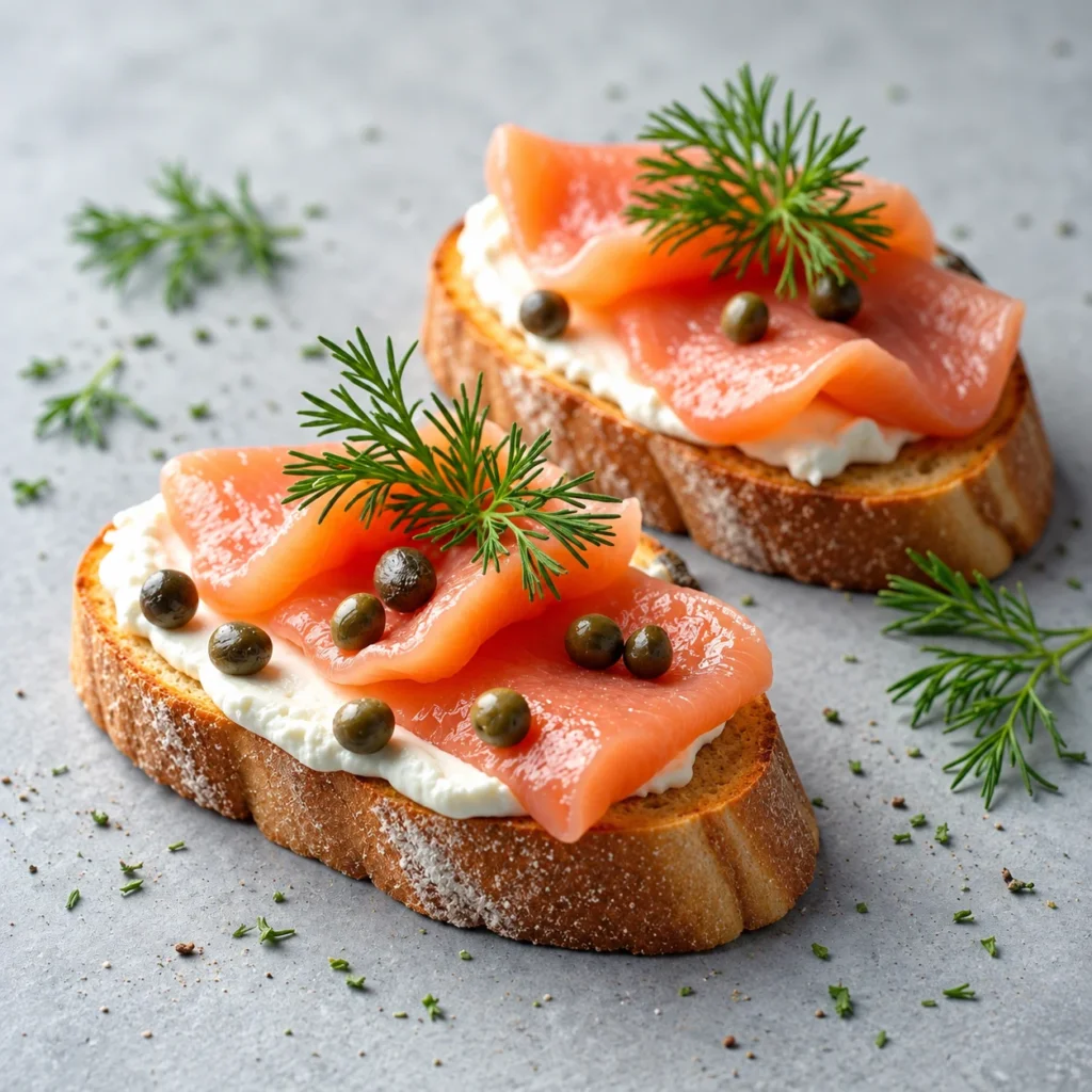 Брускетты со слабосолёной форелью, сливочным сыром, каперсами и укропом