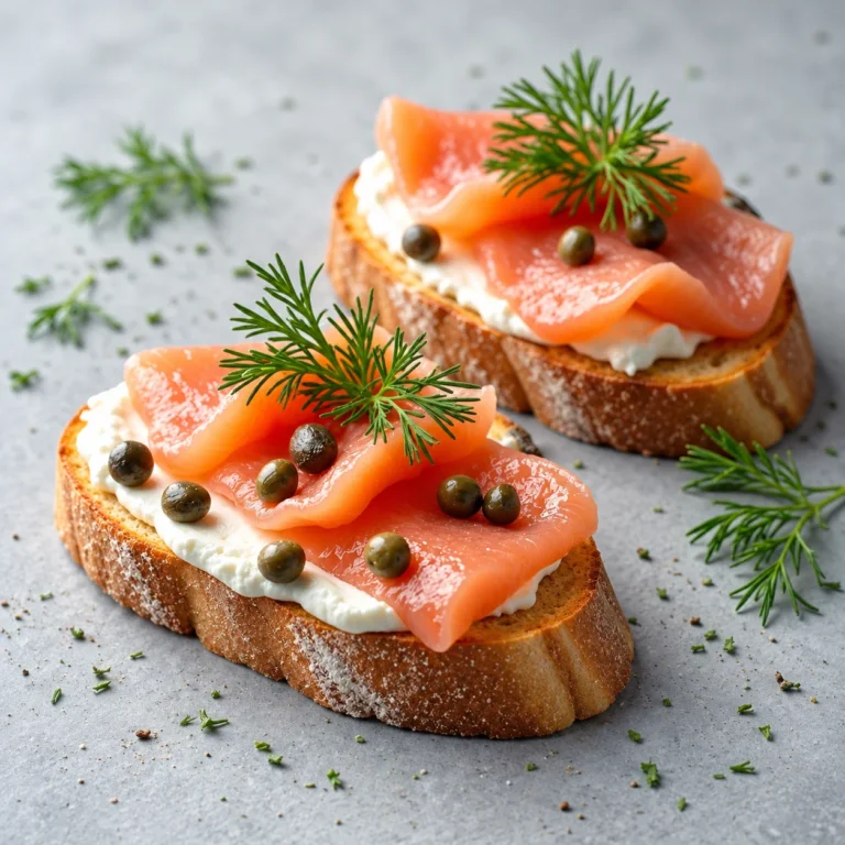 Брускетты со слабосолёной форелью, сливочным сыром, каперсами и укропом