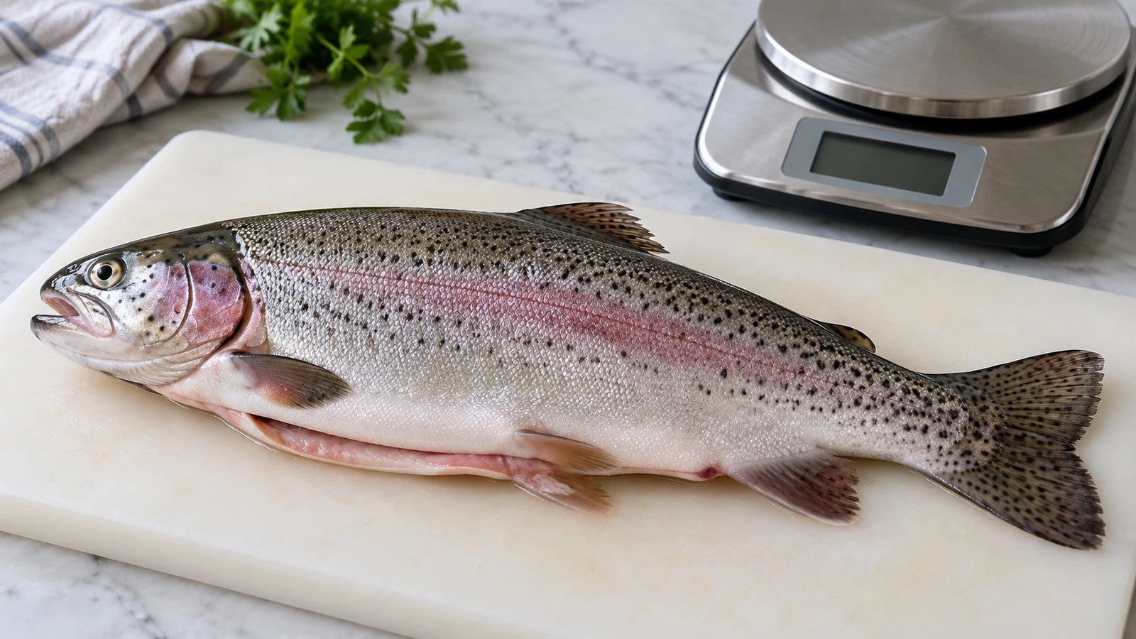 Целая потрошённая форель на доске рядом с кухонными весами Целая потрошённая форель на доске рядом с кухонными весами
