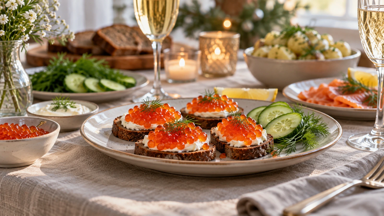 Небольшой праздничный стол с икряными закусками и простыми добавками
