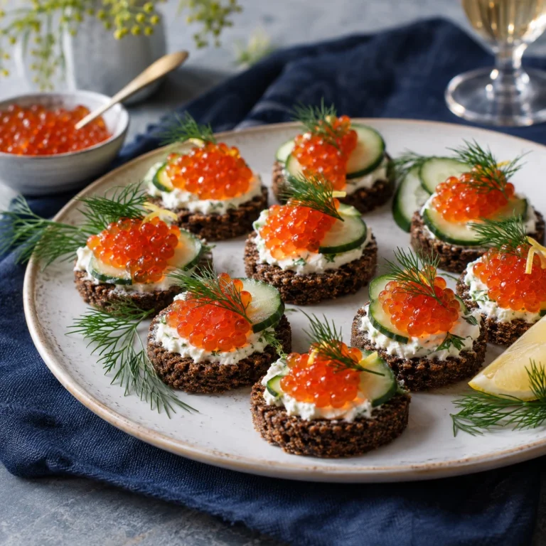 Икряные закуски на блюде для фуршета с простыми добавками